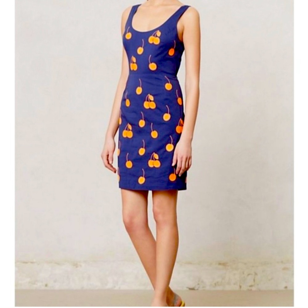 Anthropologie Leifnotes Embroidered Cherry Drop Motif Novelty Dress size 10